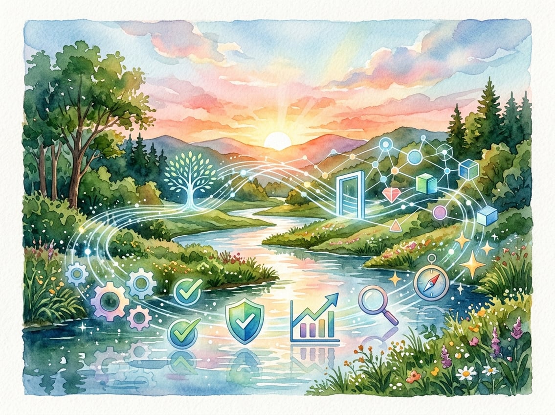 A peaceful landscape with a flowing river, greenery, and floating abstract icons representing technology and connectivity.