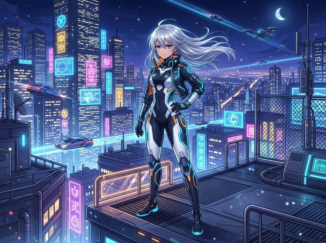 A young woman with silver hair stands confidently on a city rooftop at night, surrounded by glowing skyscrapers and neon lights.