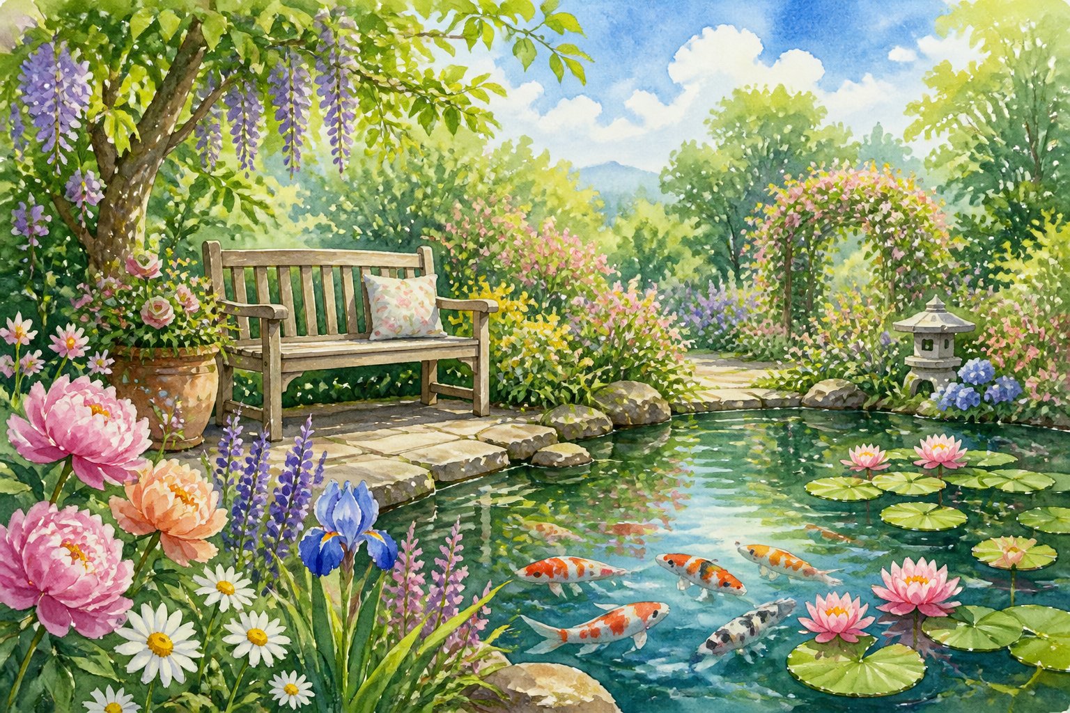 A peaceful garden with flowers, a wooden bench, a pond with koi fish, and trees under a partly cloudy sky.