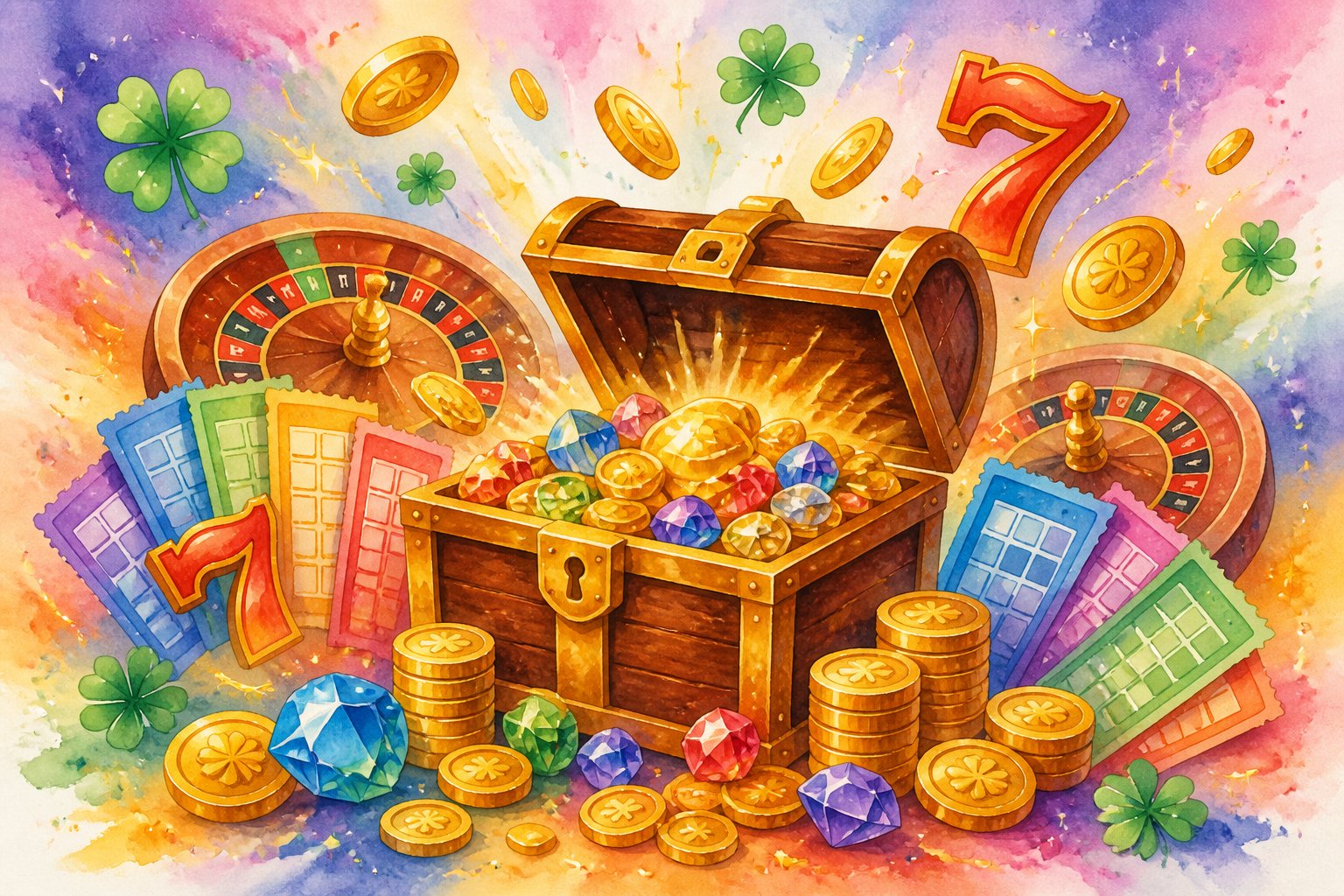 A colorful scene showing a treasure chest filled with gold coins and gems, surrounded by lottery tickets, roulette wheels, and lucky symbols like four-leaf clovers and number sevens.