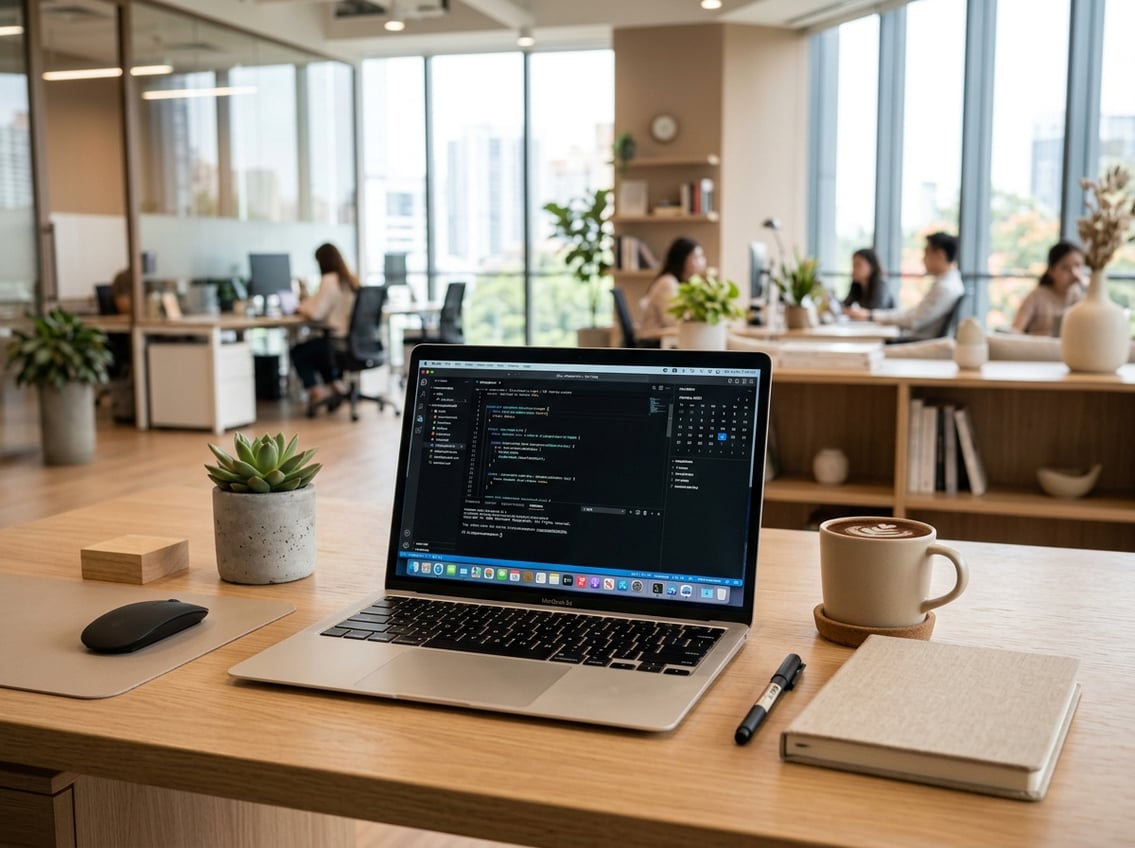 A modern workspace with a laptop, notebook, coffee cup, and plant on a clean desk in a bright office.