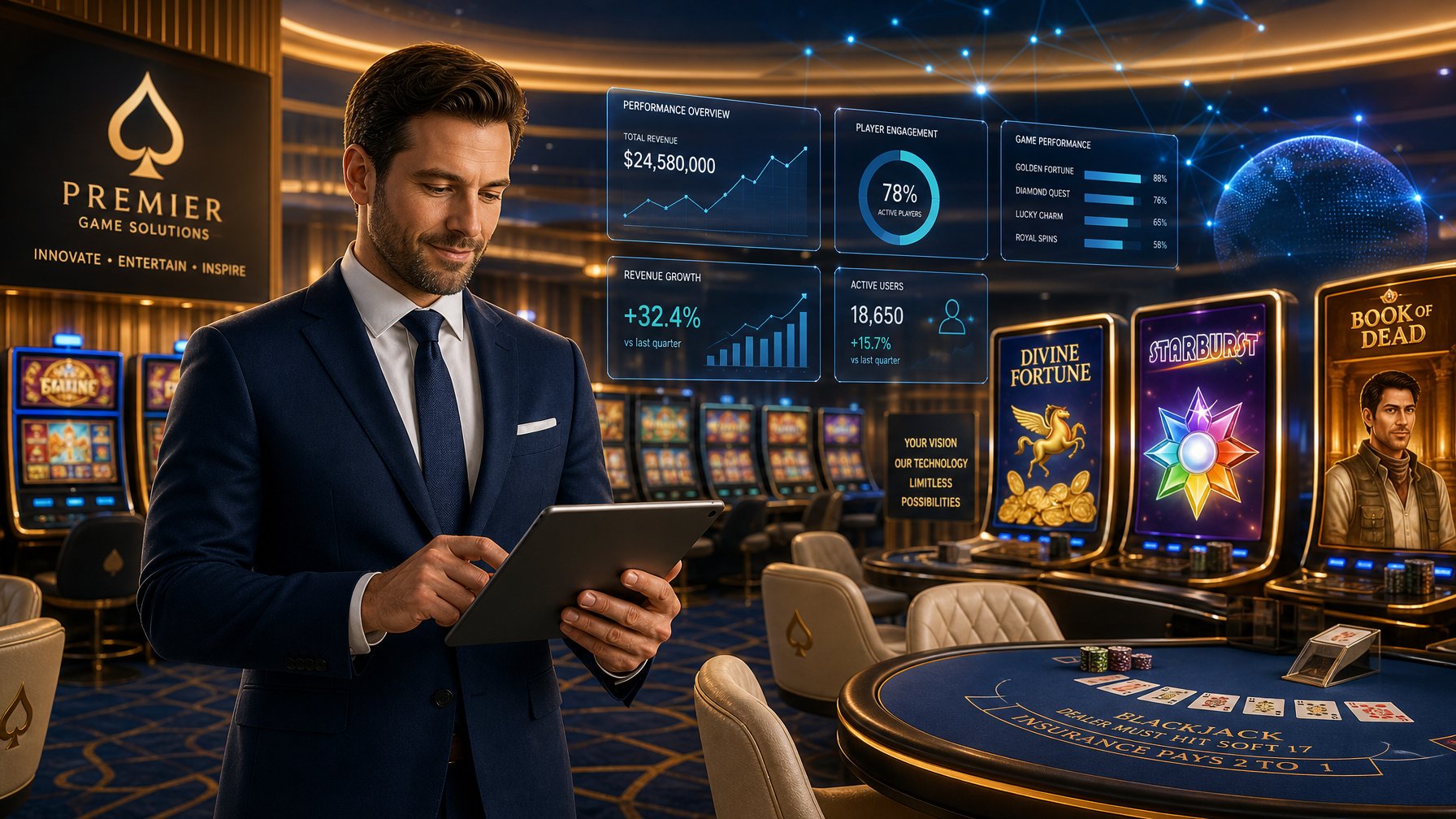 A Business Professional Reviewing Casino Game Interfaces In A Modern Gaming Lounge With Digital Slot Machines And Card Tables.