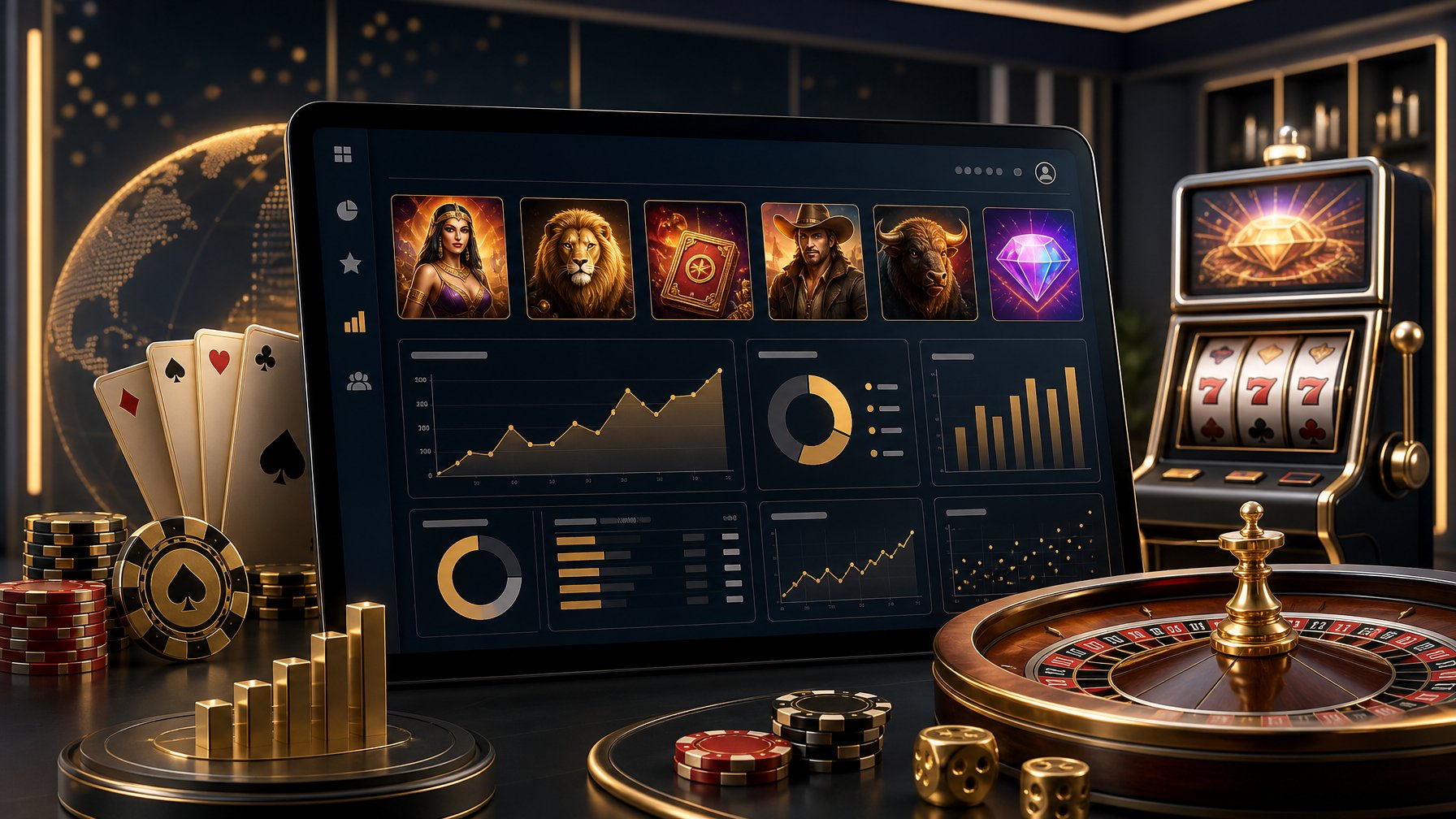 A Digital Dashboard Showing Casino Game Icons And Charts Surrounded By Playing Cards, Roulette Wheels, And Slot Machine Graphics In A Modern, HighTech Setting.