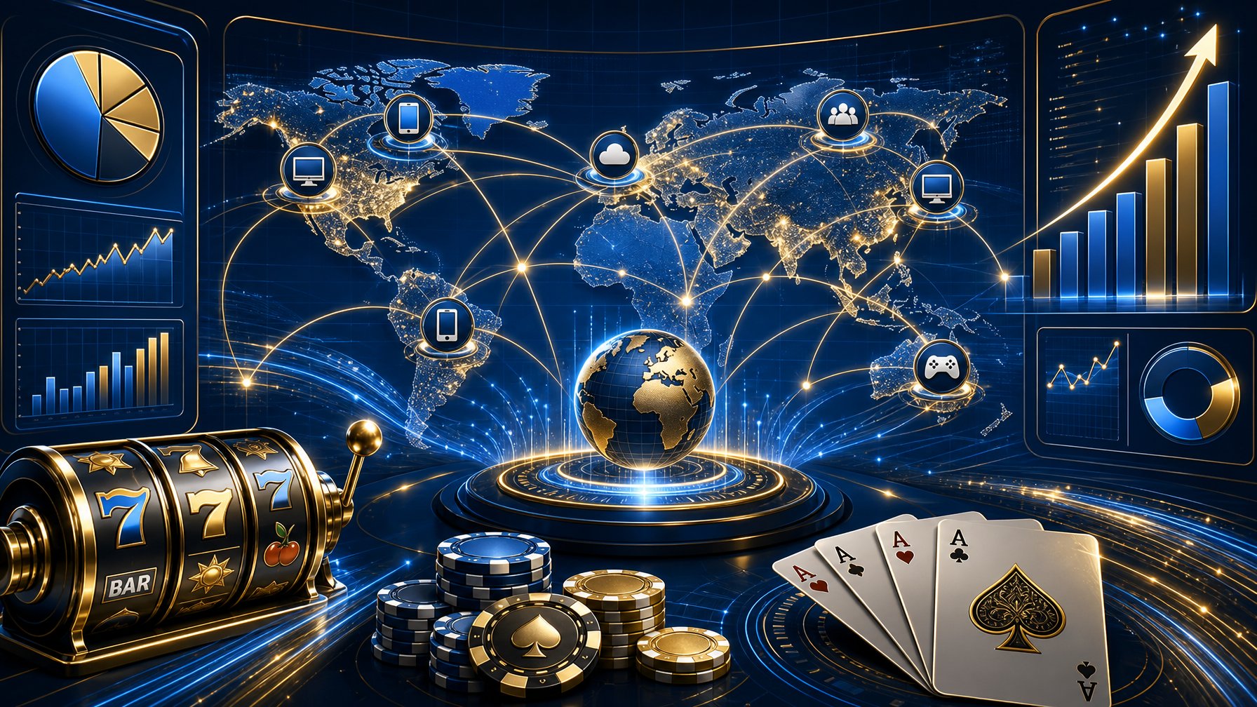 A Digital Dashboard Showing Global Network Connections And Casino Game Icons Representing Market Reach And Distribution.