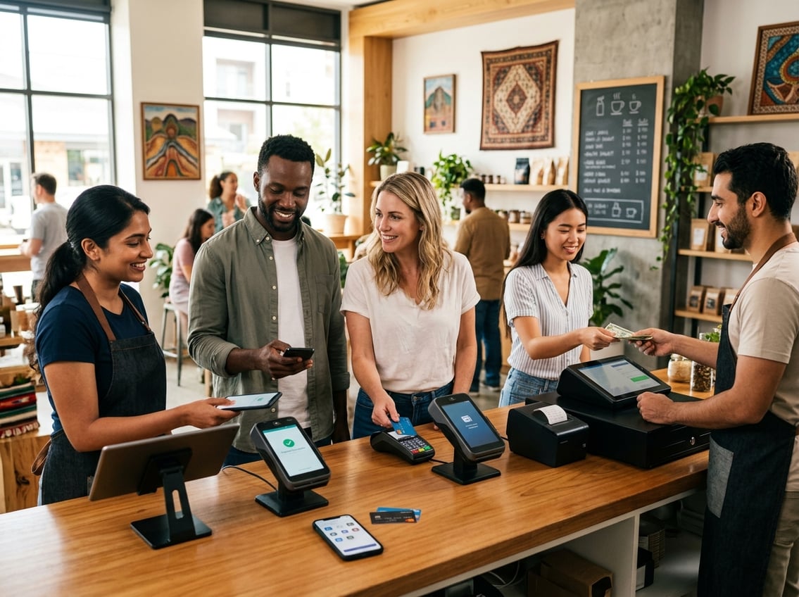 People using different payment methods including cards, smartphones, and cash at a modern retail counter with local cultural decorations in the background.