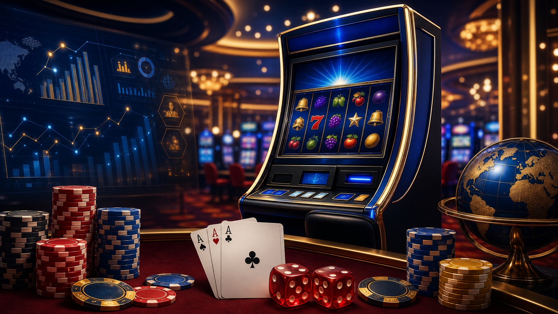 A Casino Scene With A Modern Slot Machine Surrounded By Poker Chips, Playing Cards, And Dice In A Softly Lit Casino Environment.