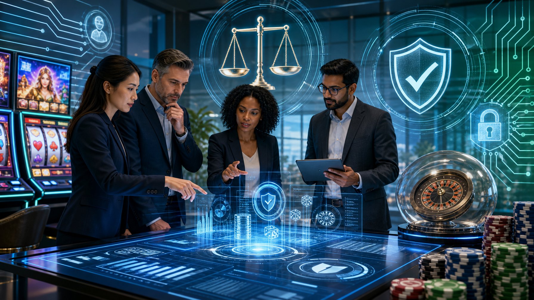 A Group Of People Reviewing Digital Casino Game Data With Symbols Of Fairness And Security Like Scales And Shields In A Modern Digital Environment.