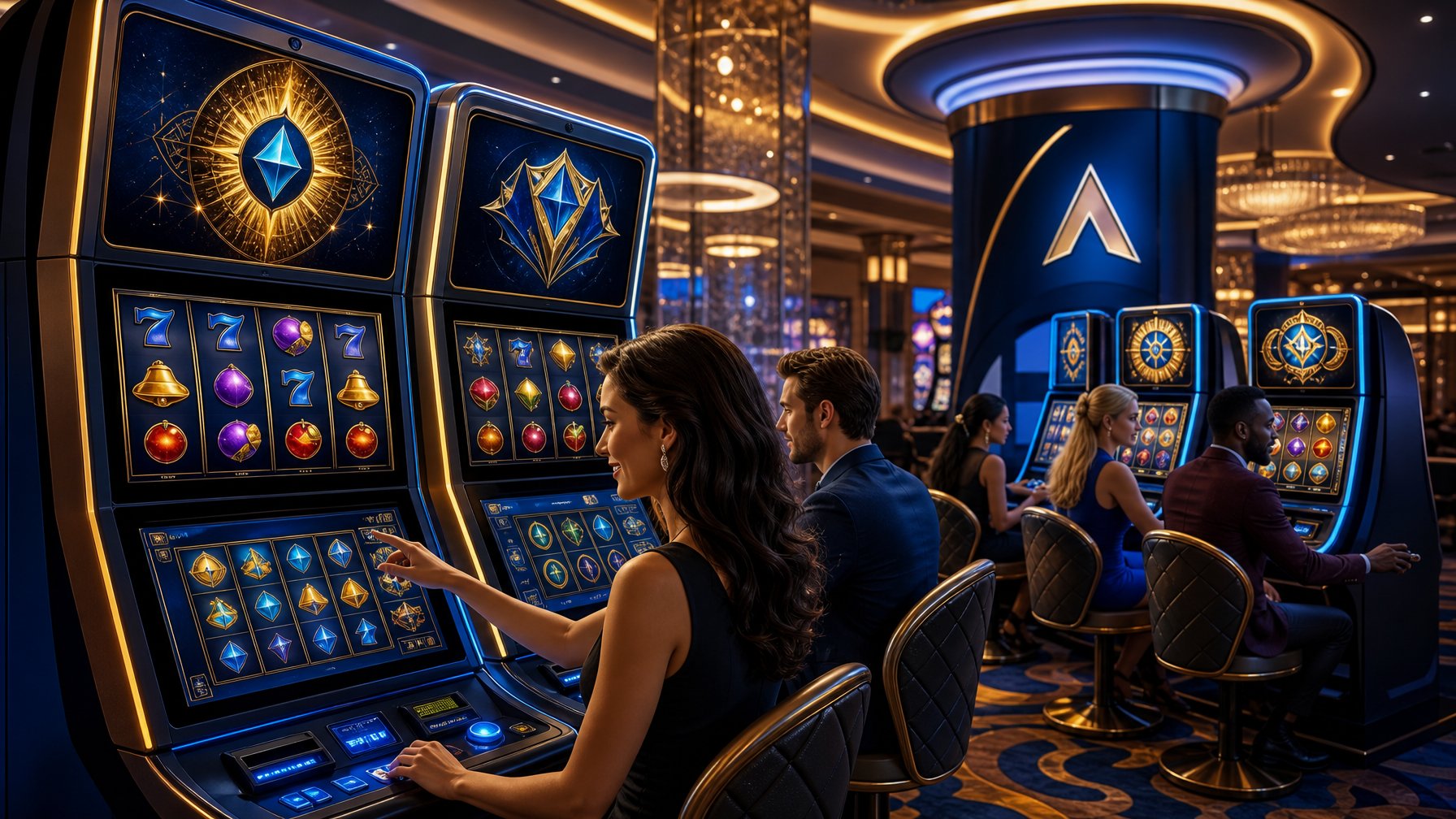 A Casino Scene Showing Players Engaging With Modern Slot Machines On A Polished Casino Floor With Warm Lighting.