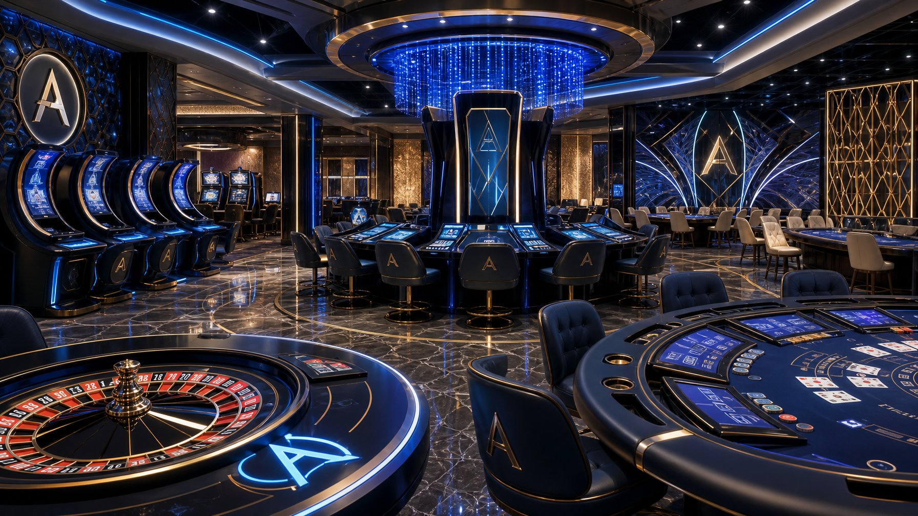 A Modern Casino Floor With Various Gaming Machines Including Card Tables, Roulette Wheels, And Electronic Devices, Representing Diverse Casino Games Beyond Slot Machines.