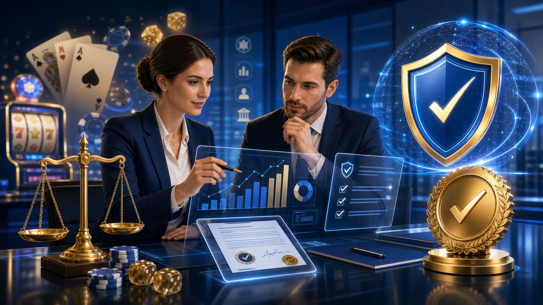 Two Professionals Reviewing Charts And Documents With Symbols Of Fairness, Trust, And Casino Gaming Elements In A Modern Office Setting.