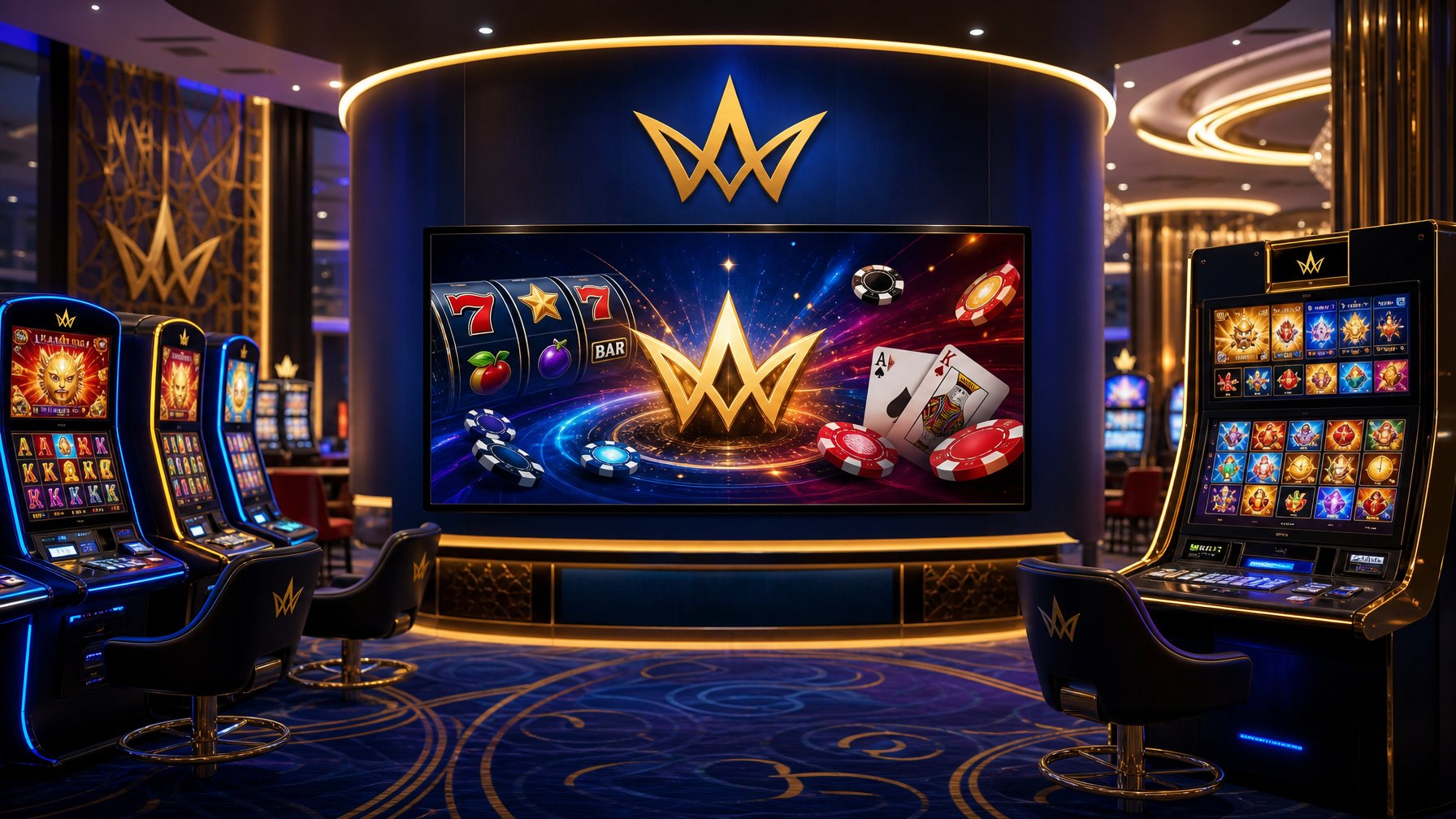 A Casino Floor With Slot Machines And Digital Game Elements Representing Bally Wulff's Casino Games.