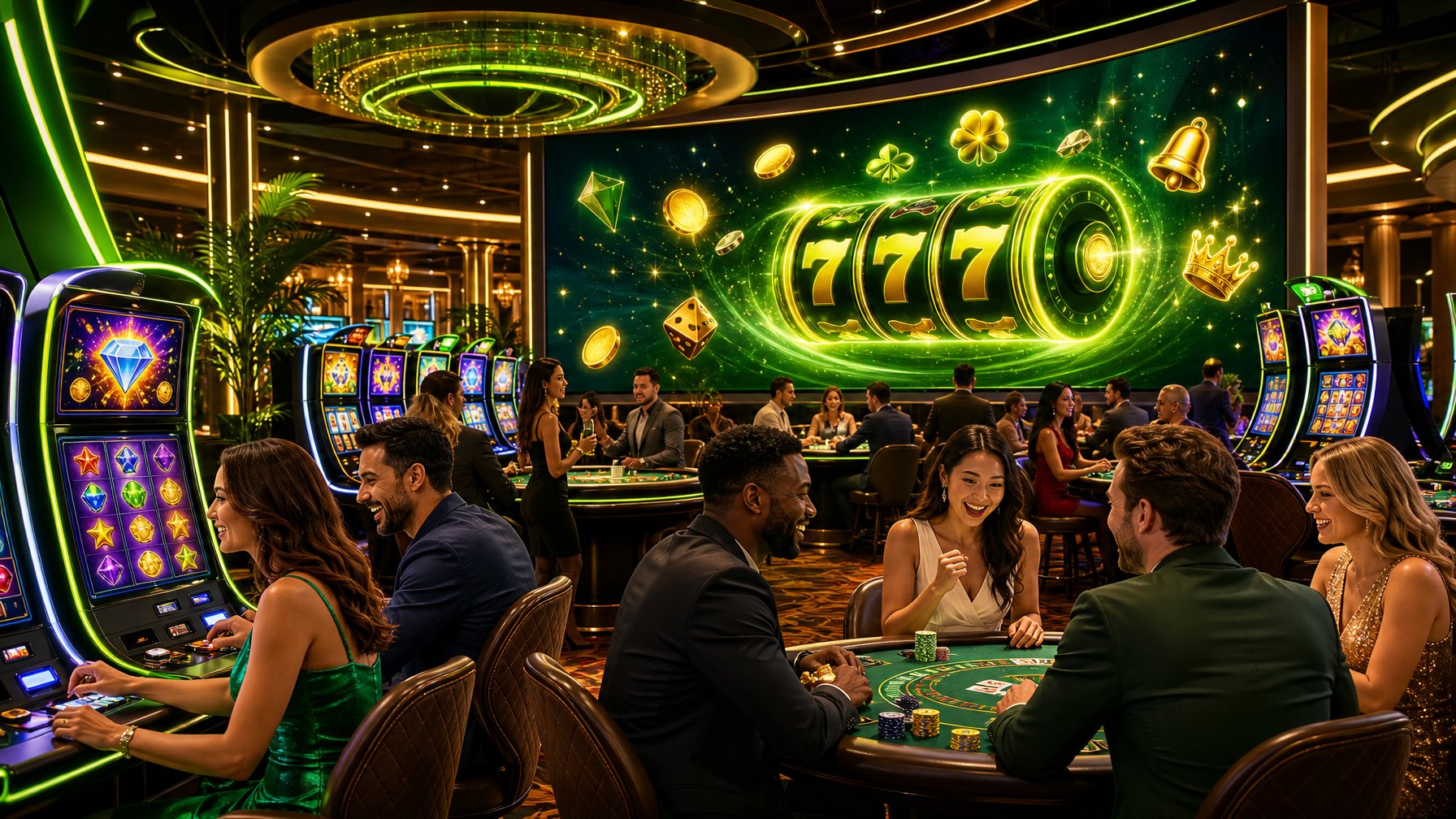 A Lively Casino Scene With Diverse Players Enjoying Digital Slot Machines And Gaming Tables, Featuring Colorful Game Screens And Glowing Icons Representing Casino Game Features.