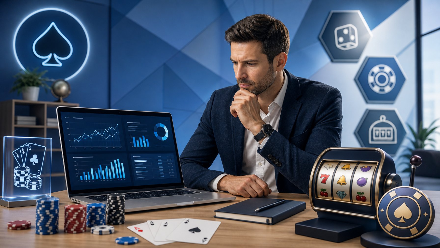 A Business Professional Analyzing Casino Game Data On A Laptop Surrounded By Poker Chips And Playing Cards In A Modern Office Setting.