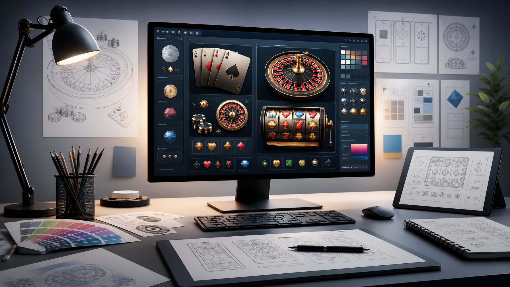A Digital Workspace Showing A Computer With Casino Game Icons And Design Tools Around It, Representing Game Portfolio And Design Identity.