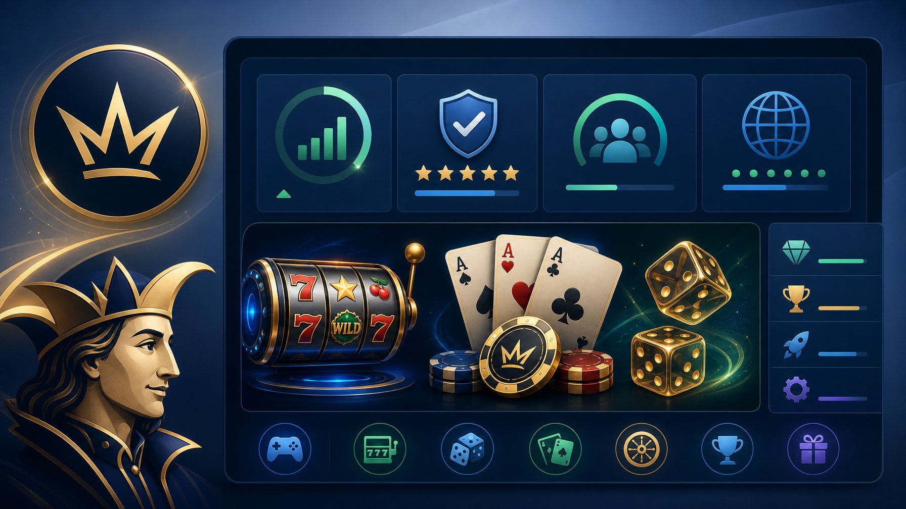A Digital Dashboard Displaying Key Casino Game Metrics With Icons Of Slot Machines, Playing Cards, And Dice, Alongside A Subtle Bally Wulff Logo.