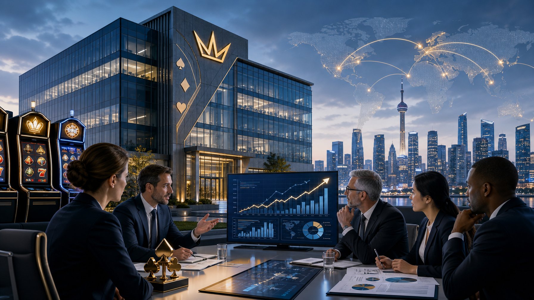 A Corporate Office Scene With Business Professionals Discussing Charts And Graphs, Set Against A City Skyline Representing A Casino Game Provider's Market Presence.