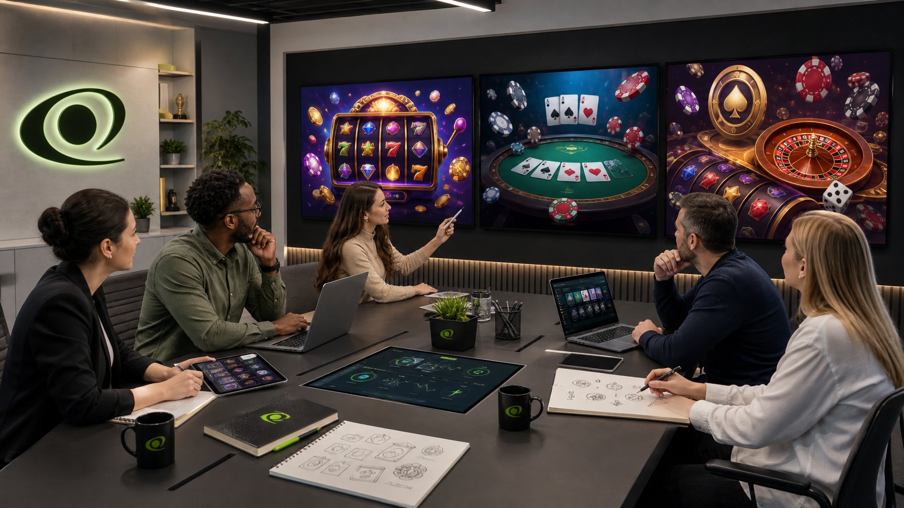 A Group Of People In An Office Reviewing Digital Casino Game Interfaces On Large Screens, Working Together Around A Conference Table.