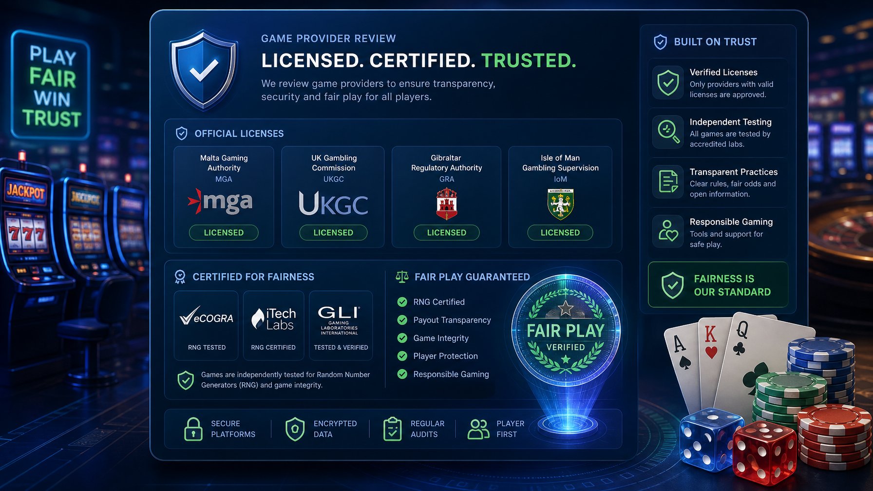 A Digital Interface With Certification Badges And Security Symbols Overlaid On Casino Game Elements Like Slot Machines And Playing Cards.