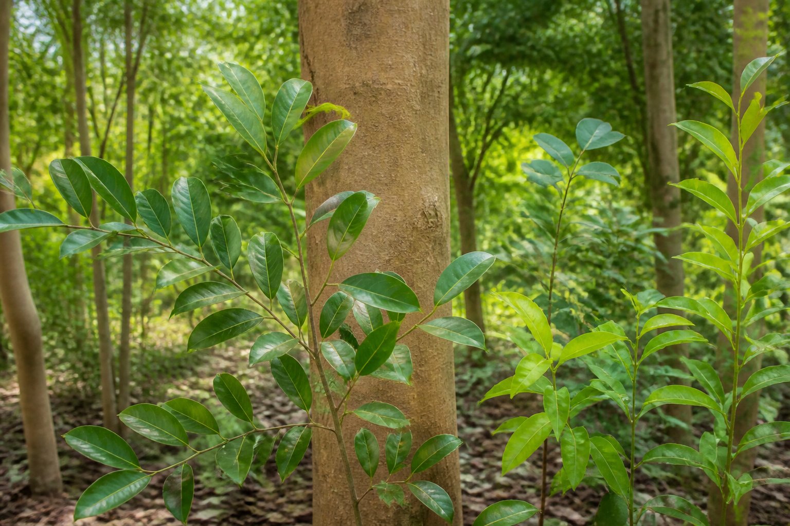 Nahaufnahme eines Sandelholzbaums mit grünen Blättern und verschiedenen Sandelholzarten in einem Wald.