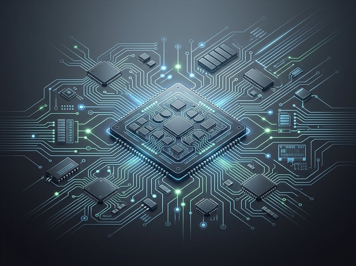 An intricate circuit board with glowing pathways and a central microprocessor surrounded by interconnected nodes representing data flow and system integration.
