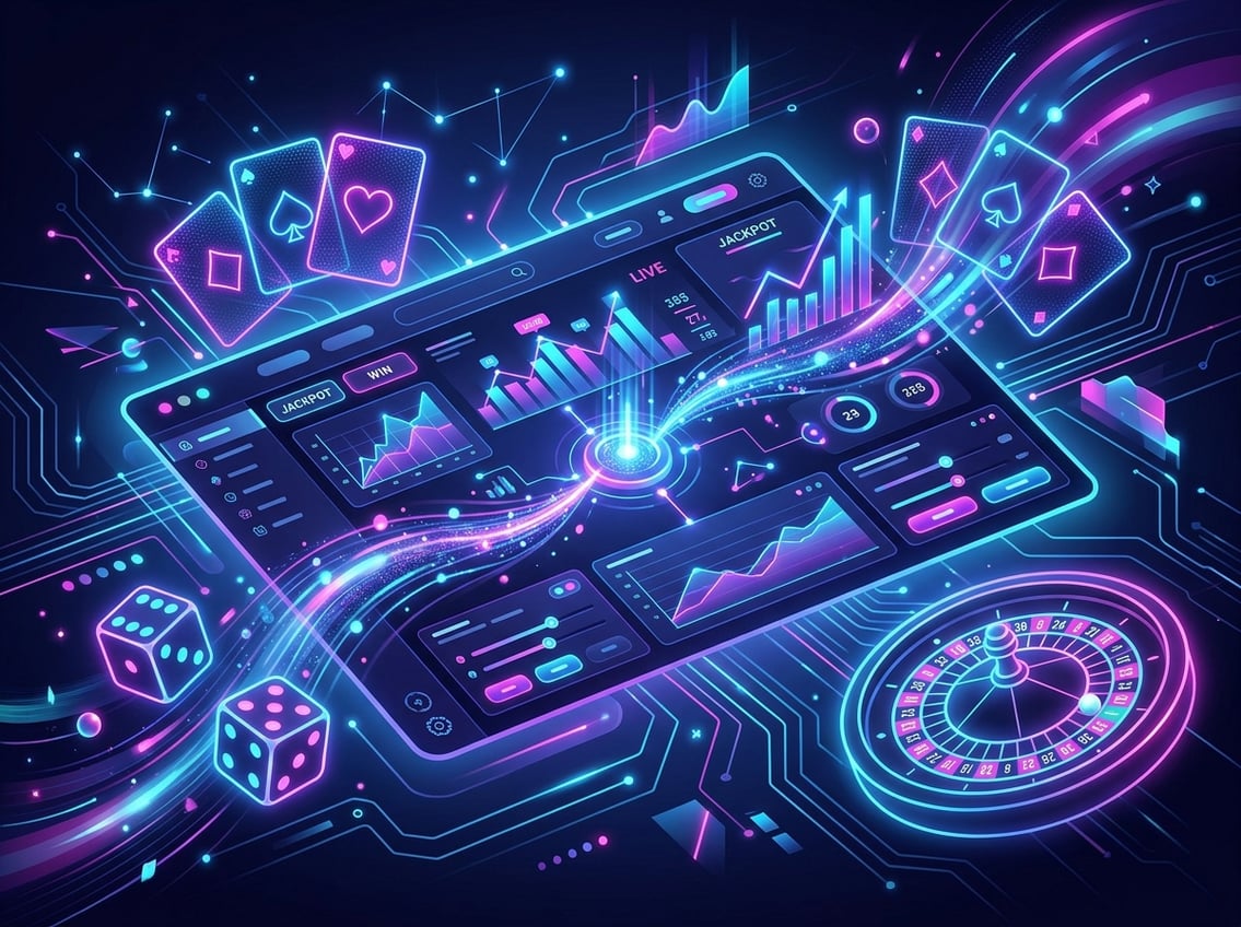 A futuristic digital dashboard displaying glowing charts and abstract gaming elements like dice and cards in a vibrant, neon-lit environment.