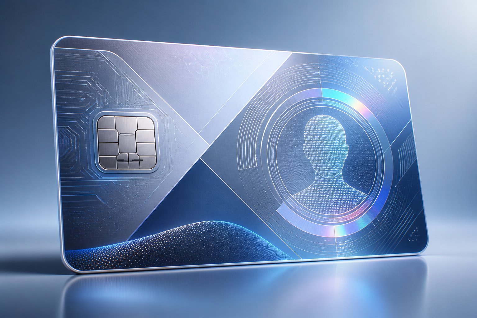 A futuristic identification card with sleek design and holographic patterns on a minimalistic background.