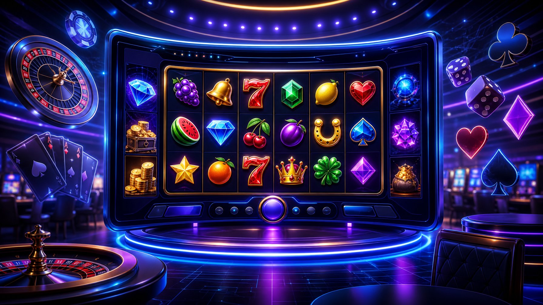 A Digital Casino Gaming Scene Showing Colorful Slot Machine Reels And Casino Game Icons With Vibrant Lighting.