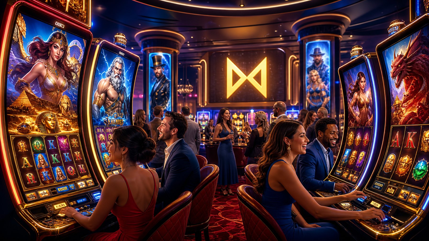 A Lively Casino Floor With People Playing Colorful Slot Machines And Digital Gaming Screens, Showcasing A Vibrant And Exciting Gaming Environment.
