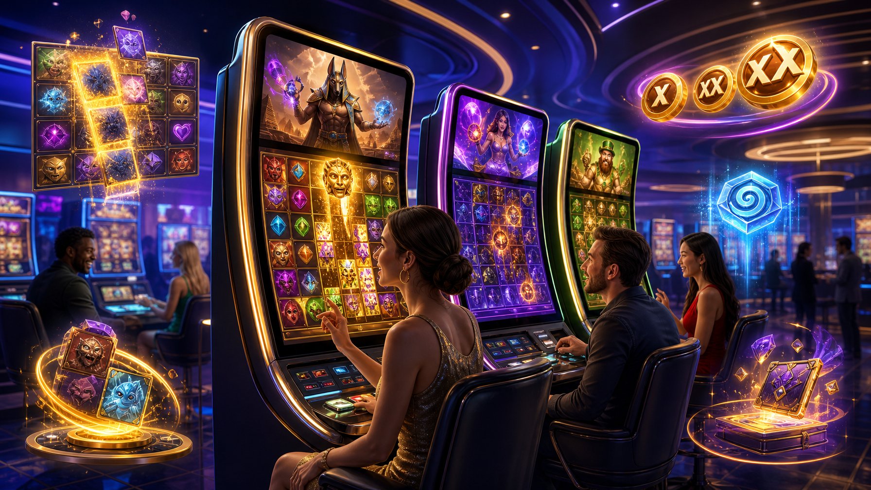 A Modern Casino Scene With Players Enjoying Vibrant Slot Machines Featuring Dynamic Game Elements And Glowing Visual Effects Representing Unique Game Mechanics.