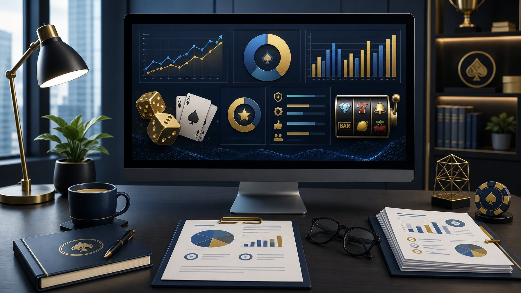 A Modern Office Desk With A Computer Showing Charts And CasinoRelated Symbols, Surrounded By Documents And A Coffee Cup, Representing A Professional Game Provider Review.
