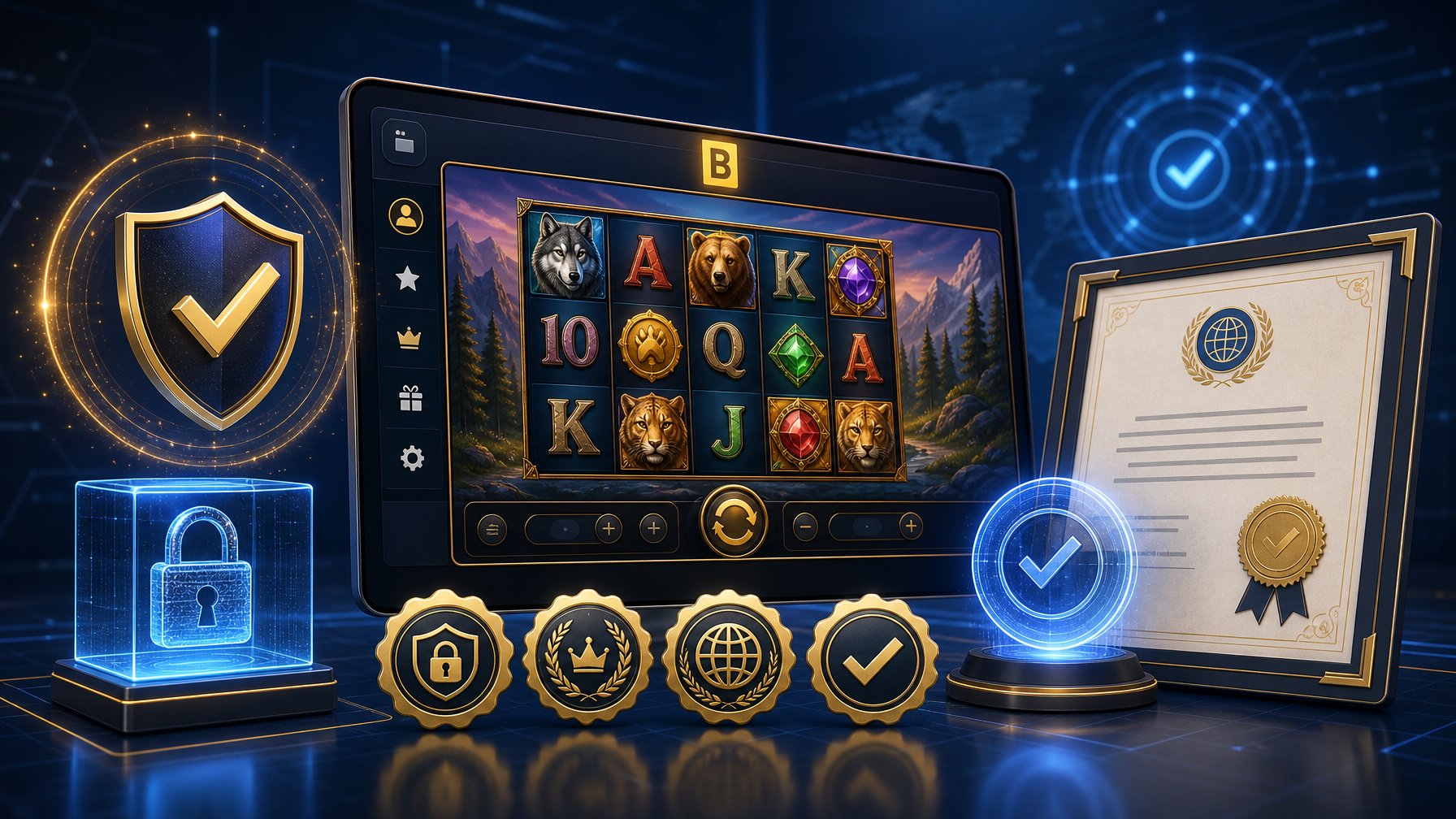 A Digital Casino Game Screen With Bgaming Branding Surrounded By Badges, Certificates, And Security Icons Symbolizing Licensing And Trust.
