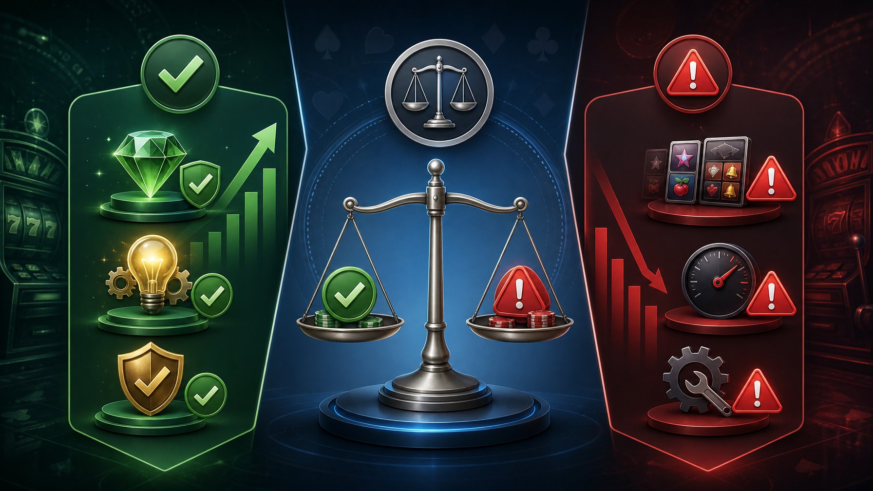 An Illustration Showing A Balanced Evaluation With Sections Representing Strengths, Weaknesses, And An Overall Summary For A Casino Game Provider.