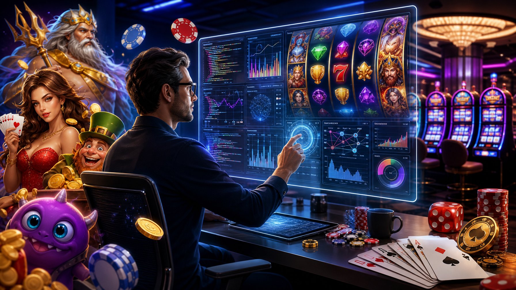A Person Analyzing Casino Game Mechanics On A Transparent Screen Surrounded By Slot Machines, Dice, Poker Chips, And Playing Cards In A Modern Casino Setting.