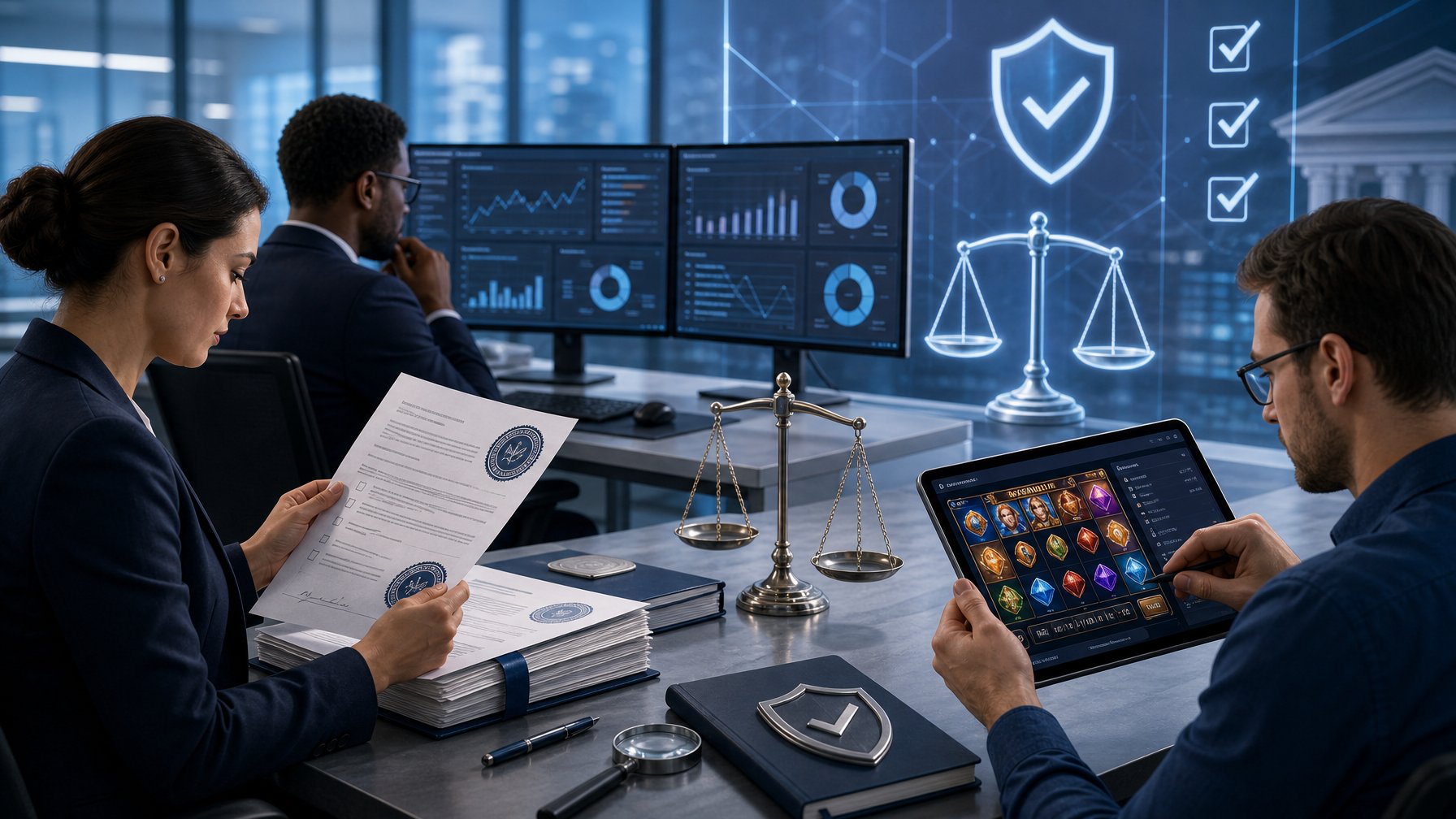 A Group Of Professionals In An Office Reviewing Documents, Analyzing Data On Screens, And Testing Software With Symbols Of Fairness And Security In The Background.