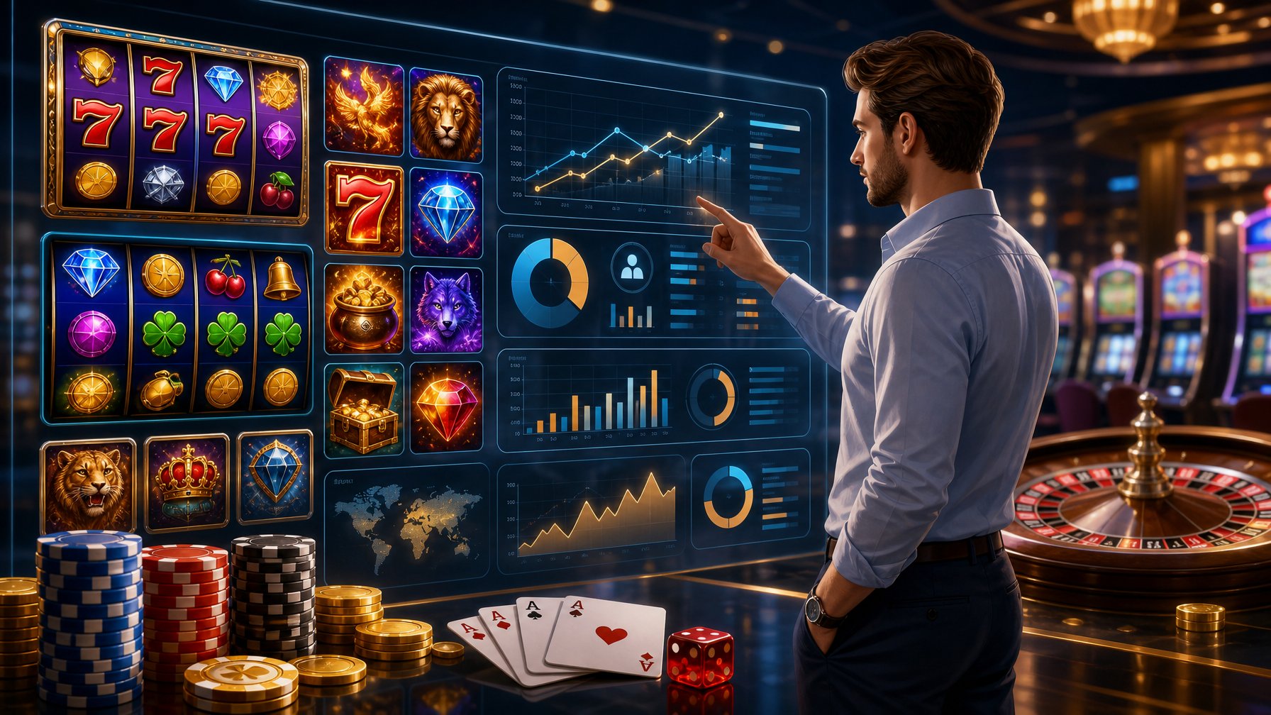 A Business Professional Analyzing Casino Game Data On A Digital Screen Surrounded By Slot Game Icons, Poker Chips, Playing Cards, And A Roulette Wheel.