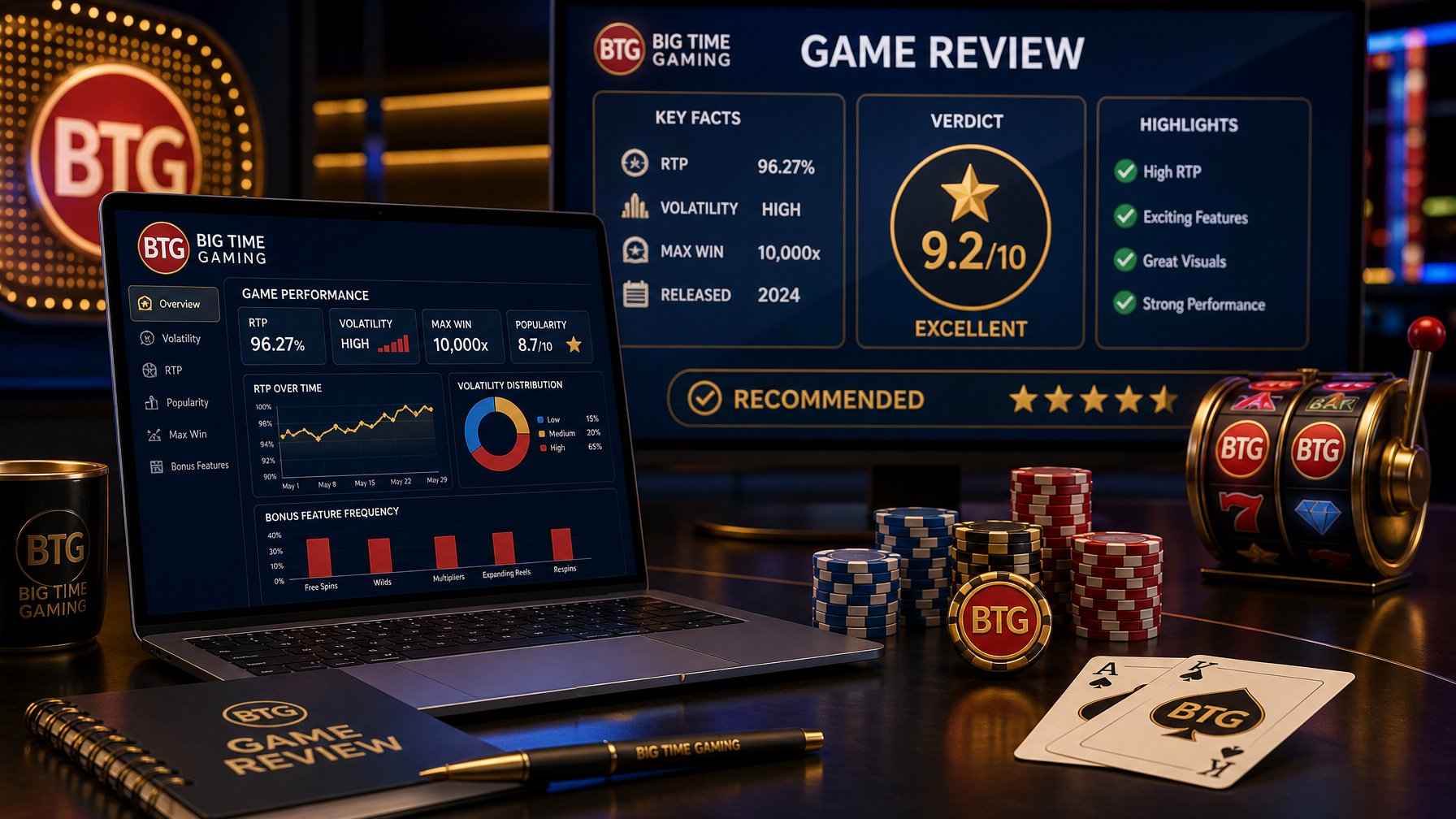 A Desk With A Laptop Showing Charts And Casino Elements Like Slot Reels, Poker Chips, And Playing Cards, With A Background Screen Displaying Key Facts And Verdict Icons.
