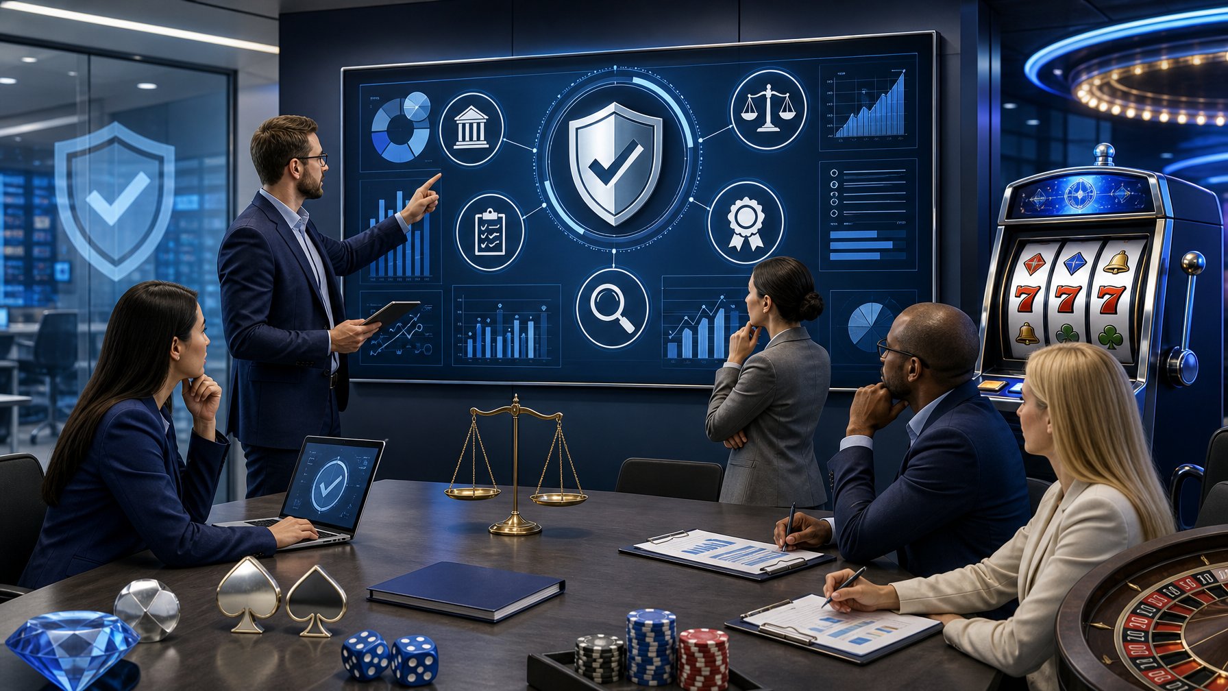 A Group Of Professionals Working Together Around A Digital Screen Showing Charts And Certification Icons, With Casino Game Elements Nearby, Symbolizing Licensing, Testing, And Fairness In The Gaming Industry.