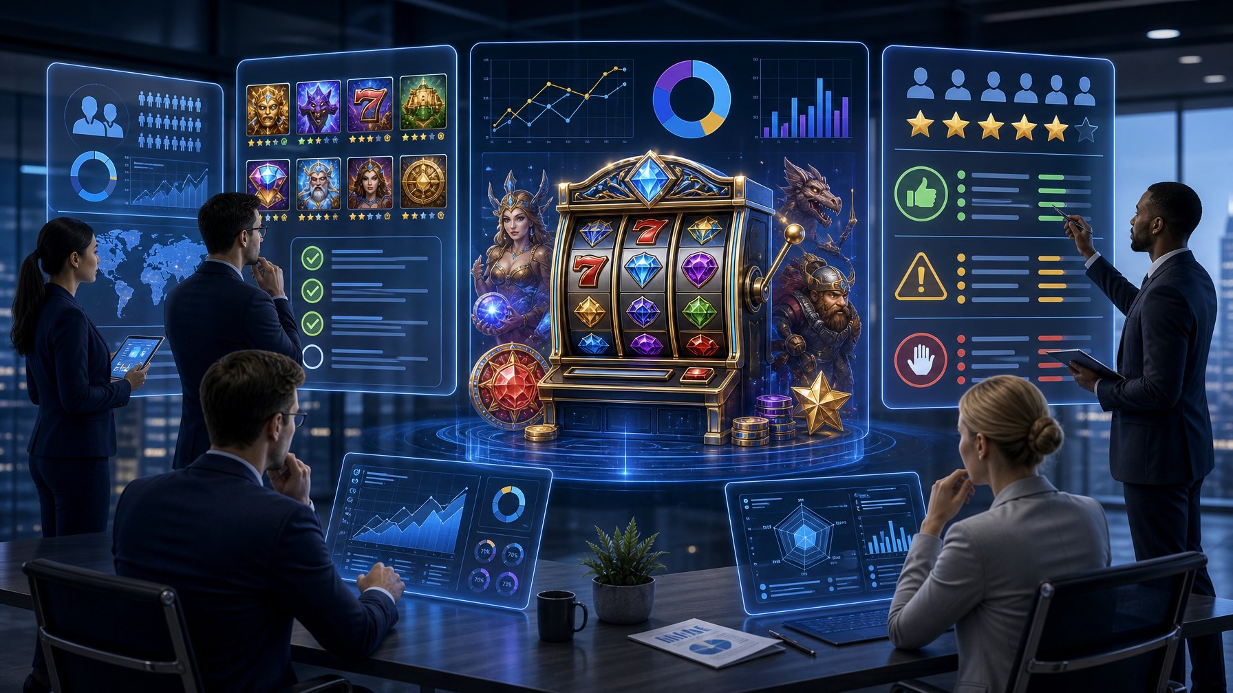 A Group Of Professionals In An Office Analyzing Casino Game Data On Digital Screens With A Stylized Slot Machine And Evaluation Icons.
