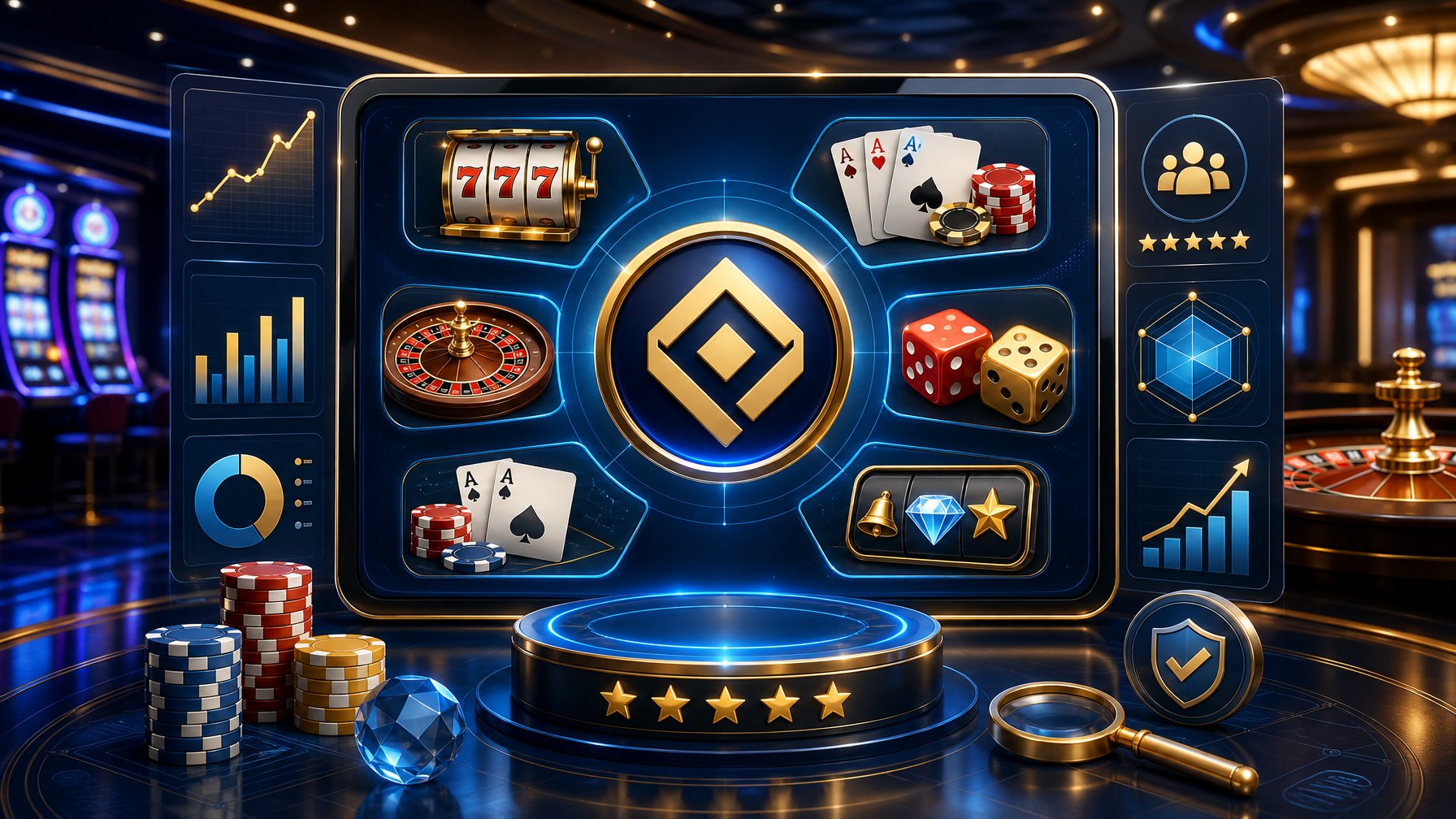 A Digital Dashboard Showing Casino Game Icons And Data Visuals In A Modern Casino Environment.