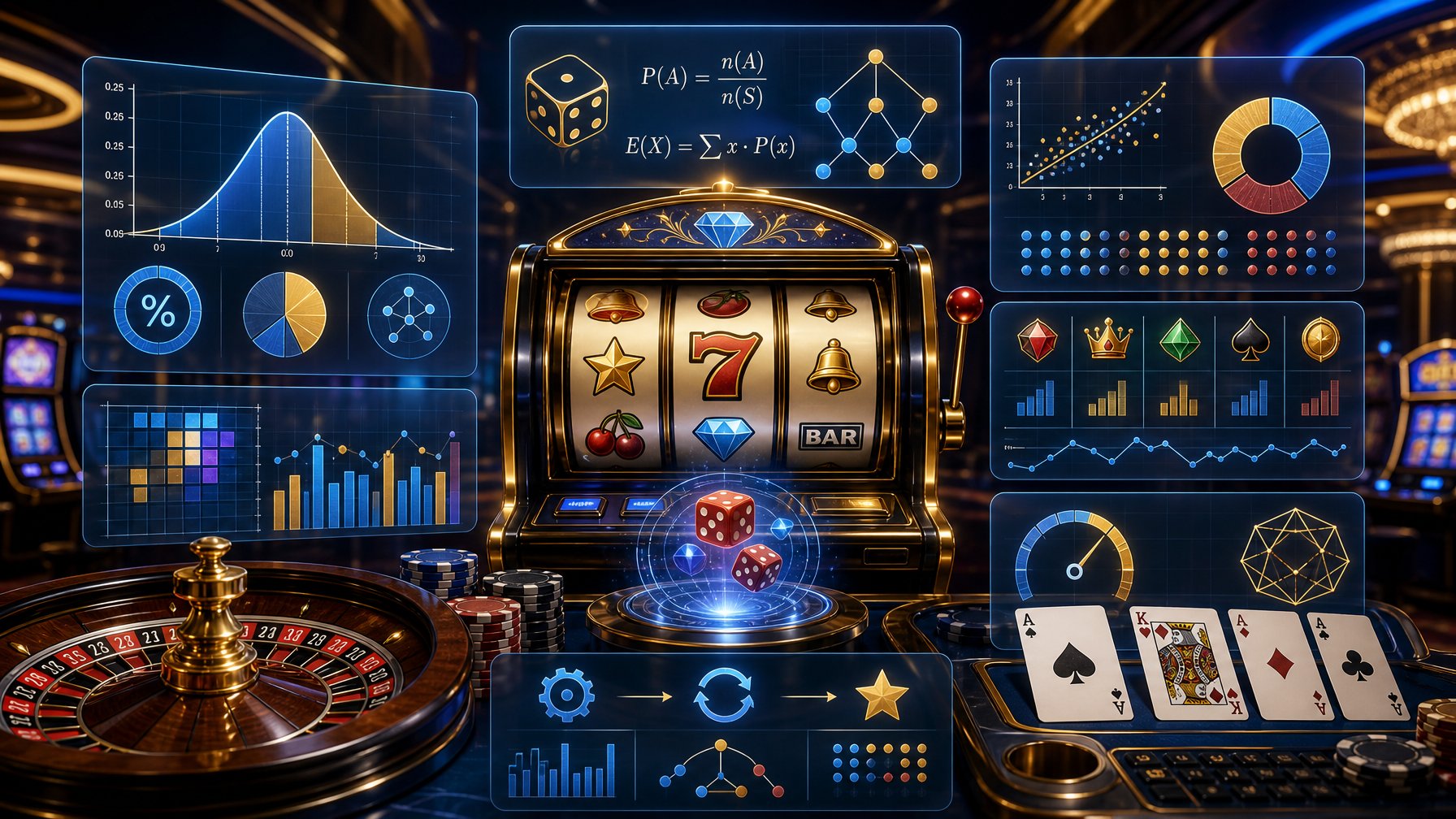 A Modern Casino Scene Showing Slot Machines And Card Games With Floating Graphs And Mathematical Symbols Around Them, Representing Analysis Of Game Mechanics.
