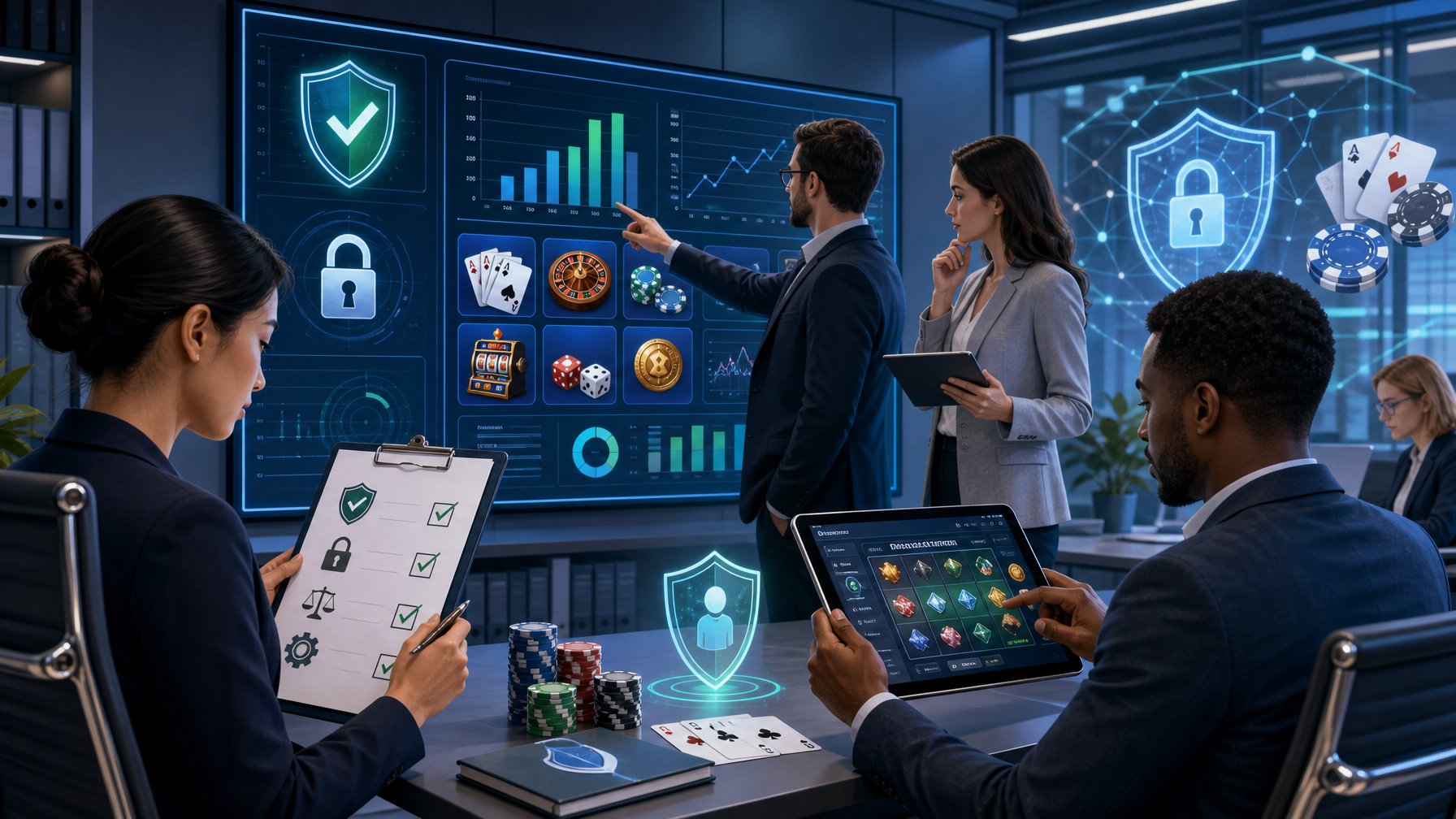 A Team Of Professionals Reviewing Casino Game Safety And Licensing With Digital Charts, Security Symbols, And Game Icons In A Modern Office Setting.