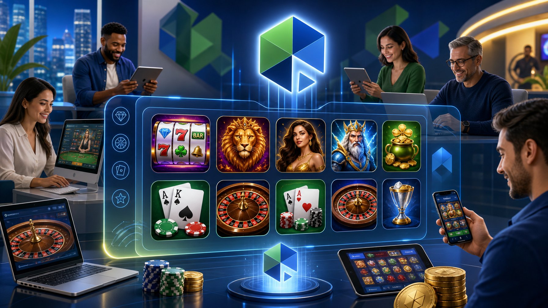 A Modern Casino Gaming Scene Showing Diverse People Playing Various Casino Games On Digital Devices With Futuristic Screens Displaying Game Icons.