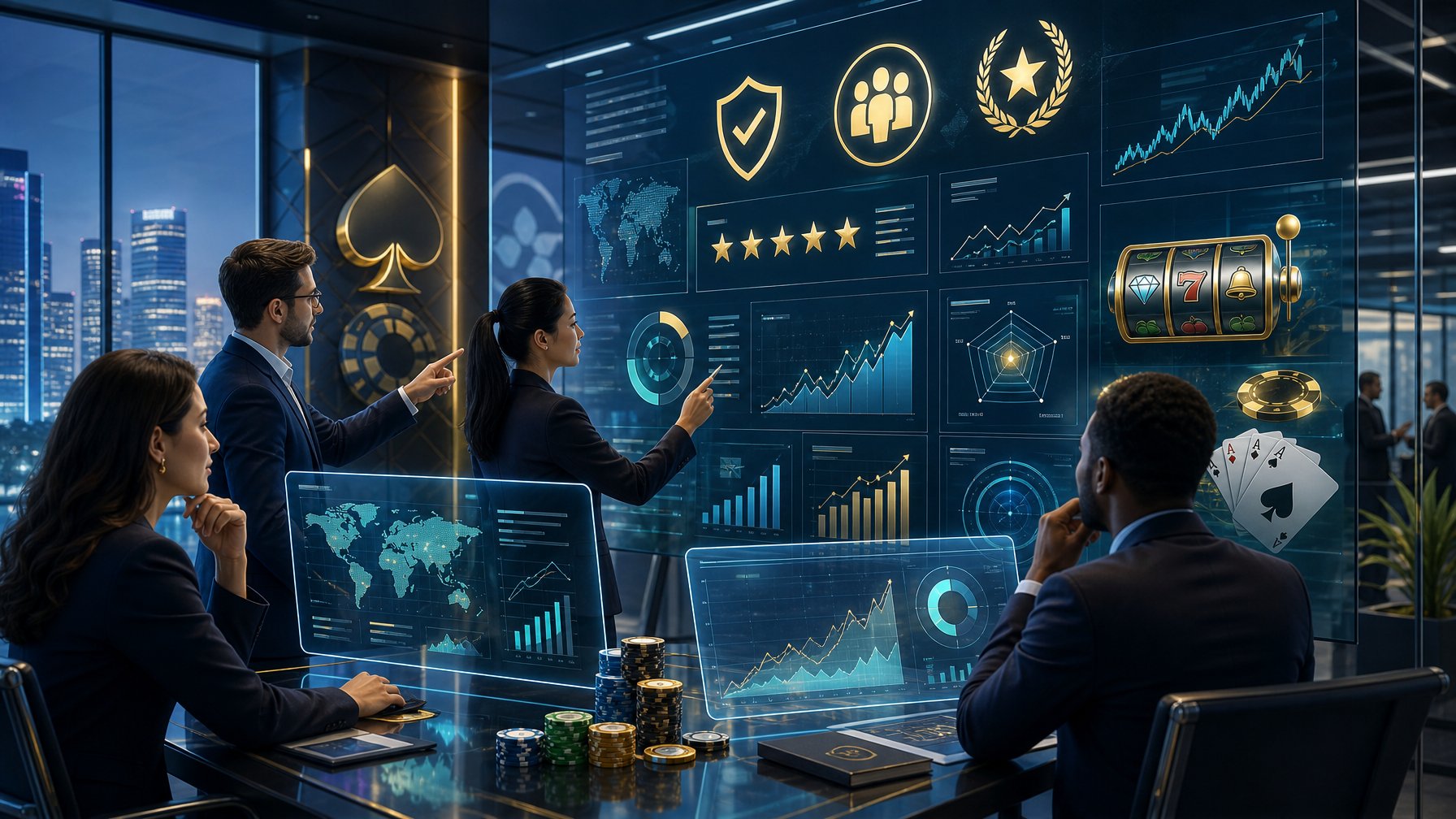 Business Professionals Analyzing Casino Gaming Performance Data On Digital Screens In A Modern Office Setting.