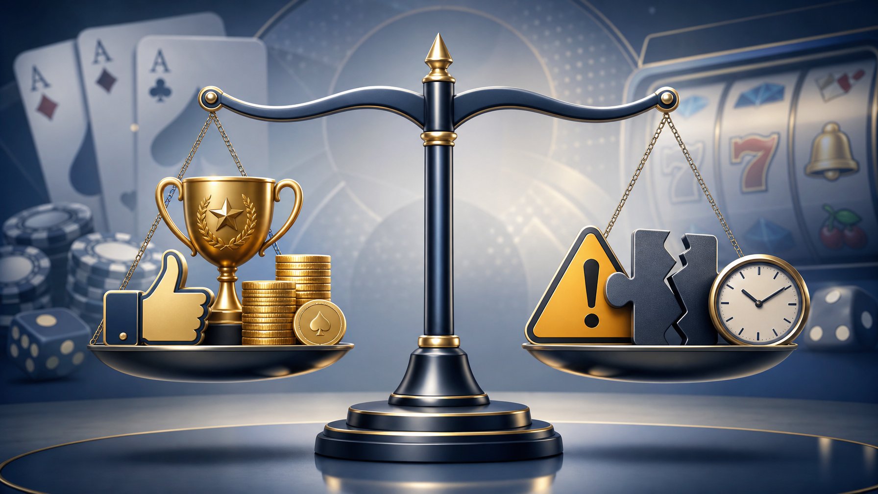 A Balanced Scale Weighing Positive And Negative Icons Related To A Casino Game Provider, Set Against A Background With Casino Elements Like Cards And Dice.