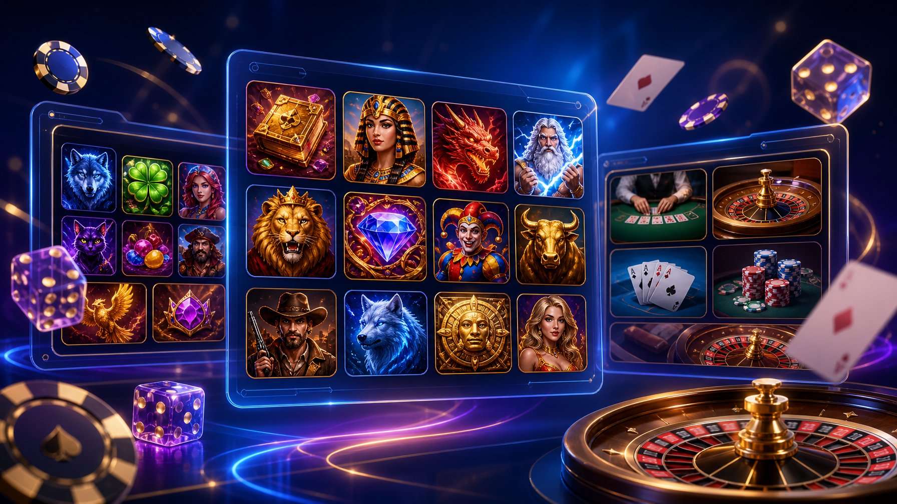 A Modern Digital Display Showing Various Casino Game Thumbnails Like Slots, Card Games, And Roulette Wheels On Floating Transparent Screens With Gaming Icons Around Them.