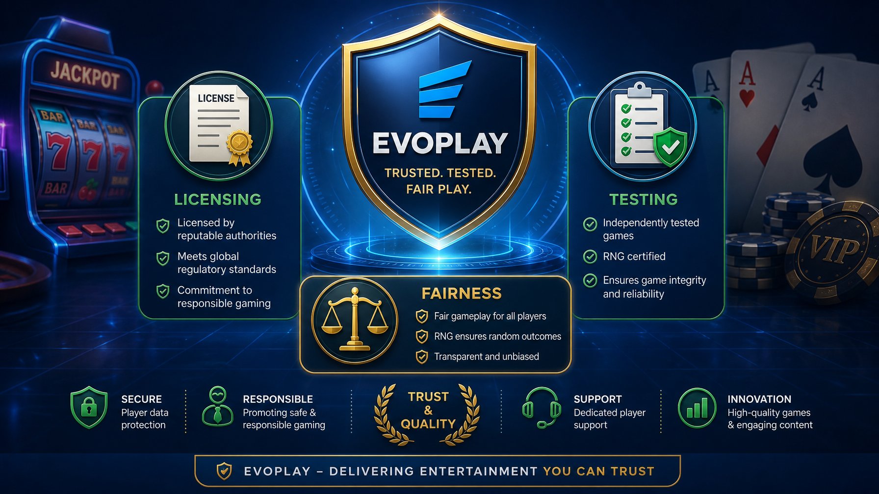 A Digital Scene Showing A Glowing Shield Surrounded By Licensing Documents, Checkmarks, And Balanced Scales, With Casino Game Elements Like Slot Machines And Playing Cards In The Background.