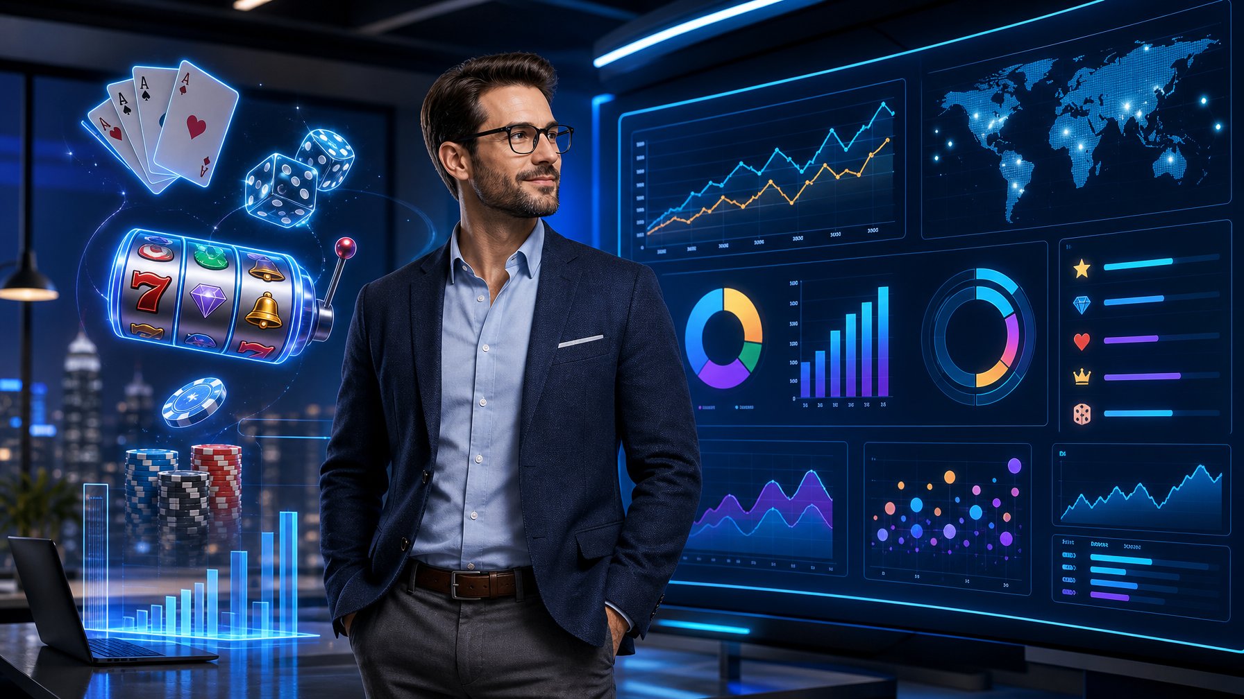 A Business Professional Standing In A Modern Office With Digital Charts And Casino Game Icons Surrounding Them, Representing Casino Game Provider Performance And Appeal.