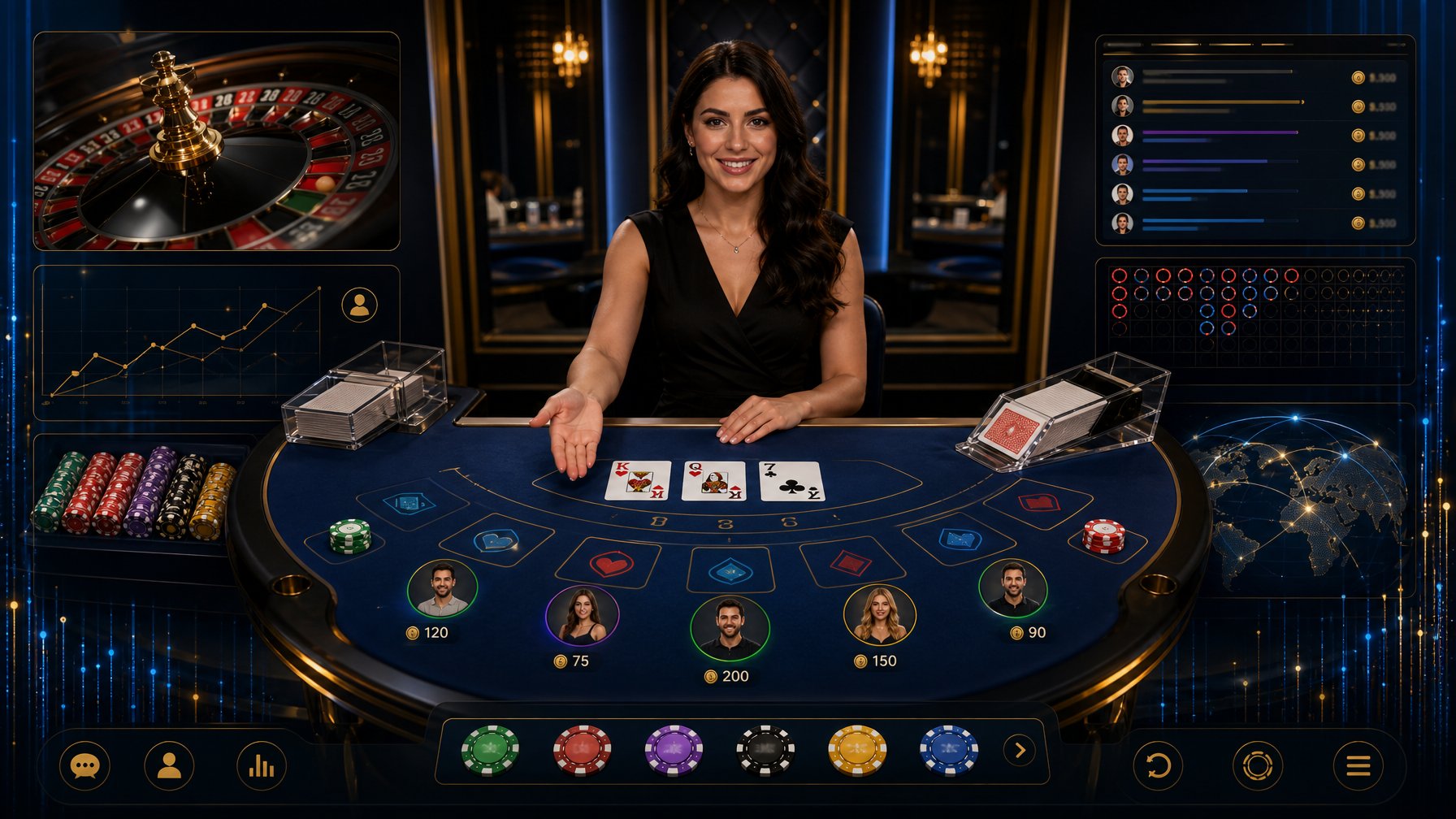 An Online Live Casino Scene With A Dealer At A Gaming Table Surrounded By Cards, Chips, And A Roulette Wheel.
