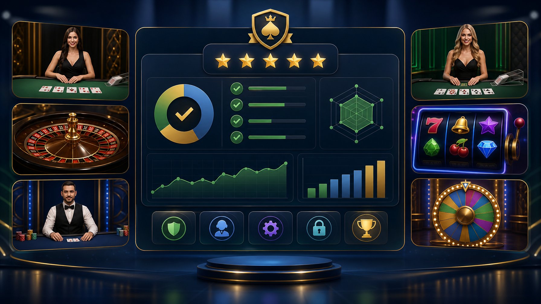 A Digital Dashboard Showing Casino Game Elements Like Cards, Roulette Wheels, And Slot Icons Surrounding A Central Summary Area With Graphical Symbols Representing Key Facts And Ratings.
