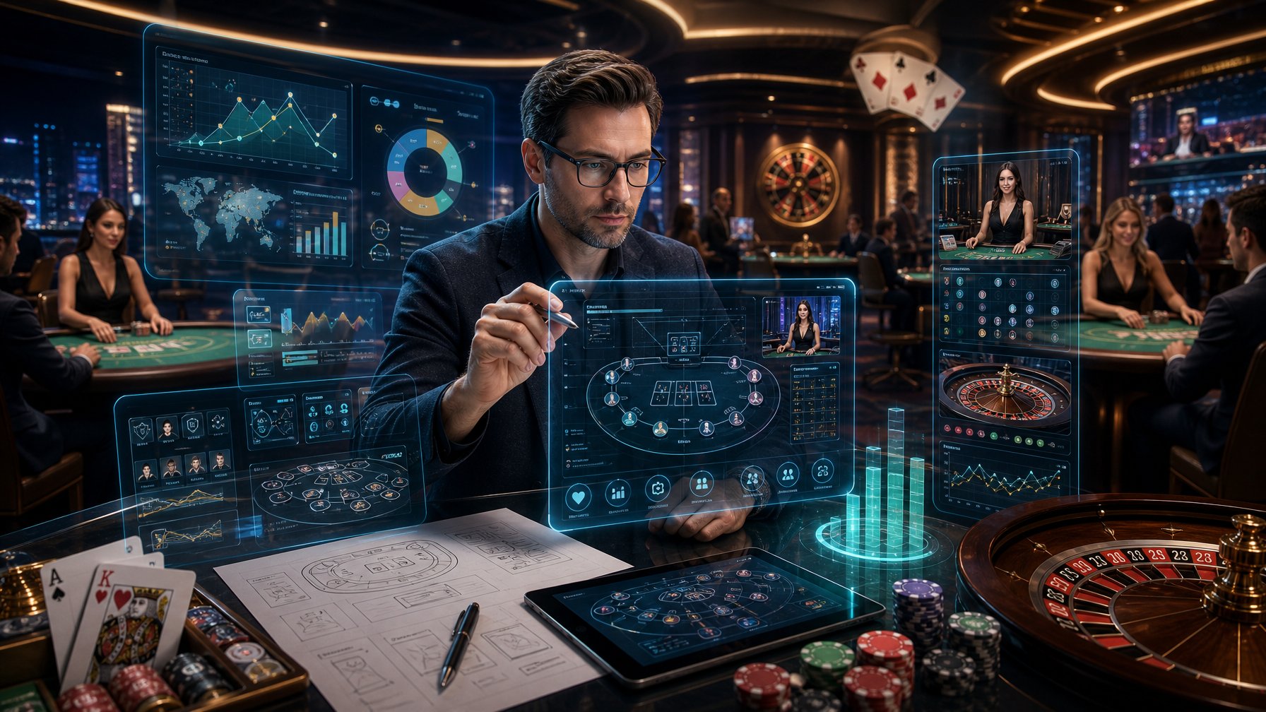 A Person Analyzing Digital Screens In A Modern Casino Setting With Live Gaming Tables And Gaming Elements Like Cards And Chips Around Them.